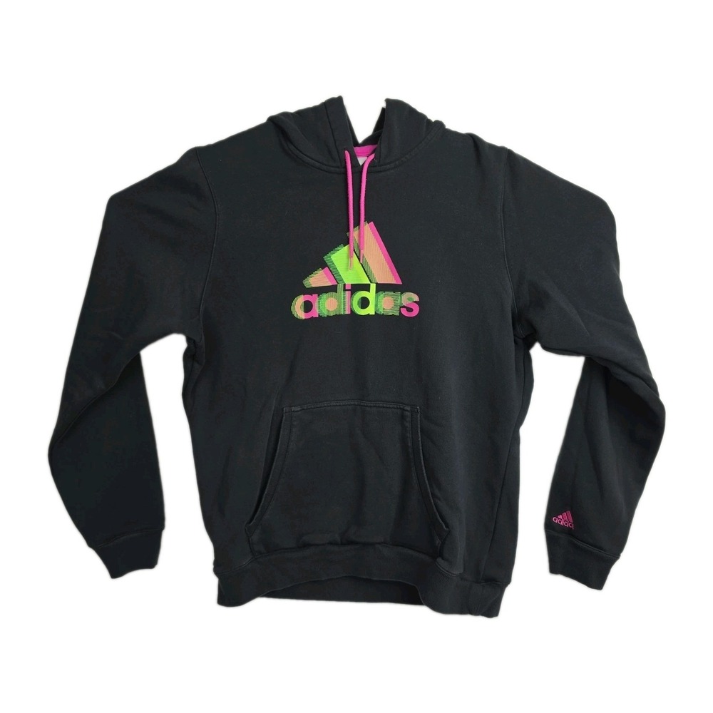 Adidas Hoodie Sweatshirt Women's L Black w/ Pink Colorful‎ Adidas Logo